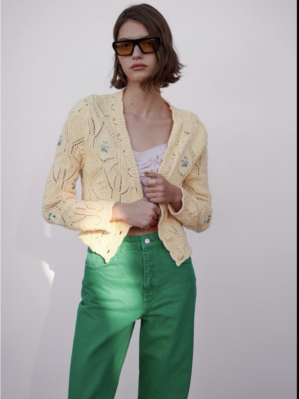 Zara Floral Embroidered Crochet Knit Cardigan in yellow Size Large